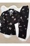 Black Bow Patterned Suede Shirt Collar Long Sleeve Pajama Set - 6