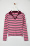 Teen Pembe Çizgili Polo Yaka Fitted/Vücuda Oturan Örme Bluz TWOAW26BZ00034 - 5