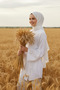White - Natural Viscose Fabric Women's Hijab Kimono with Pockets and Belt 1168-Tes - 4