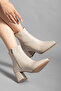 Women's Beige Faux Leather Thick Heeled Zippered Pointed Toe Ankle Boots - 3