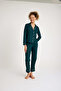 Long Sleeve Cotton Women's Dark Green Piping Pajama Set - 3