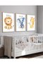 3 Piece Wooden Framed Painting with Giraffe, Elephant, Lion Figures for Children Act
