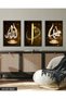 Allah, Muhammed, Elif Vav, Gold, 3 Piece Black Wooden Framed Painting Act - 2