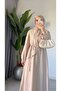 Women's Shawl Collar Detail Long Summer Beige Dress - 4