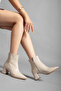 Women's Beige Faux Leather Thick Heeled Zippered Pointed Toe Ankle Boots - 4