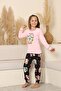 Pink Color Girls' Pajama Set with Long Sleeves, Crew Neck and Interlock Penguin