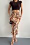 Mixed Pattern Satin Viscose Fabric Midi Length Skirt on Tan Color