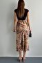Mixed Pattern Satin Viscose Fabric Midi Length Skirt on Tan Color - 5