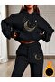 Design Moon Star Printed Bottom Top Oversize Women's Hooded Gray Black Tracksuit Set