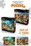 2Pcs 1000 Piece Puzzle - Campfire Forest Scenery and Seaside Townscape Jigsaw Puzzle 68X48Cm