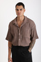 Thick Braided Twill Fabric with Tumbled Effect Apaş Collar Men's Short Sleeve Shirt
