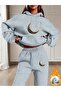 Design Moon Star Printed Bottom Top Oversize Women's Hooded Gray Black Tracksuit Set