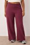 Bordo Fake Triko Yüksek Bel Straight Fit Beli Lastikli Örme Büyük Beden Pantolon TBBAW26AR00004 - 3