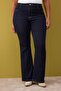 Koyu Mavi Yüksek Bel İspanyol Paça Denim Büyük Beden Flare Jeans TBBAW26CJ00030 - 3