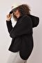 Siyah Kalın Polar Kapüşonlu ve Fermuarlı Oversize Örme Büyük Beden Sweatshirt TBBAW25AO00030 - 3