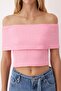 Pembe Dokulu Karmen Yaka Vücuda Oturan Crop Esnek Örme Bluz TWOSS25BZ00602 - 3