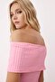 Pembe Dokulu Karmen Yaka Vücuda Oturan Crop Esnek Örme Bluz TWOSS25BZ00602 - 2