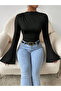 Women's Black Waist and Neck Drawstring Spanish Sleeve Blouse