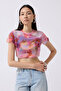 Patterned Half Sleeve Transparent Pink Blouse - 3