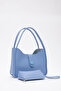 Blue Shk79 Leather Hand and Shoulder Bag with Button Detail and Snap Fastener Makeup Bag E:30 L:22 W:10 - 2