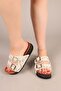 Feles Double Buckle Cork Sole Stone Detailed Women's Slippers White - 4