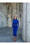 Stretchy Sandy Fabric Tulle Low-Cut Detailed Stand-Up Collar Long Sleeve Midi Length Pencil Dress Cobalt Blue 583154