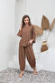 Brown Cotton Muslin Long Sleeve Blouse and Loose Pants Set (Bluz-Pant) - 3