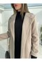 Women's Beige Belted Lined Long Oversize Cashmere Coat with Pockets - 5
