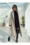 Women's Beige Belted Lined Long Oversize Cashmere Coat with Pockets - 3