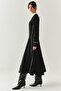 Long Sleeve Belted Low Waist Regular Black Midi Dress - 3