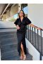 Women's Draped Slit Balloon Sleeve Black Dress