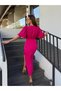 Women's Draped Slit Balloon Sleeve Fuchsia Dress - 6
