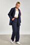 Women's Striped Blazer Jacket with Pocket Flaps - Navy Blue - 2