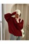 Women's Crew Neck Soft Claret Red Oversize Sweater - 3