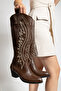 Women's Cowboy Brown Leather Boots Western Stitching Detailed Thick Heeled - 3