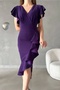 Women's Purple Lurex Fabric Double Breasted Neckline Flounce Detailed Evening Dress 121 - 8