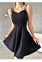 Women's Crepe Fabric Degaje Collar Double Strap Design Black Flared Mini Evening Dress582130