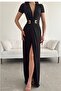 Black Sandy Fabric Deep V Neckline Short Sleeve Maxi Dress with Slit Detail 582862 - 5