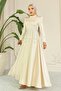 Flared Front Stone Patterned Satin Hijab Evening Dress Bej 1680