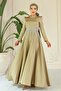 Flared Front Stone Patterned Satin Hijab Evening Dress Oil Green 1680