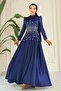 Flared Front Stone Patterned Satin Hijab Evening Dress Dark Blue 1680