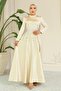 Flared Front Stone Patterned Satin Hijab Evening Dress Bej 1680 - 2