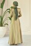 Flared Front Stone Patterned Satin Hijab Evening Dress Oil Green 1680 - 7