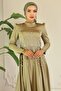 Flared Front Stone Patterned Satin Hijab Evening Dress Oil Green 1680 - 4