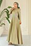Flared Front Stone Patterned Satin Hijab Evening Dress Oil Green 1680 - 5