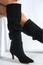 Women's Suede Long Black Boots - Drawstring Below Knee Almond Heeled Boots, Women's Vern Black Gusset Boots - 3