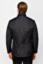 Black Standard Fit Stand Collar Quilted Pocket Flap Zipper & Snap Fastener Plain Long Sleeve Men's Coat - 3