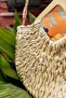 Bohemian Beach Straw Bag with Silvery Geometric Square Wooden Strap and Drawstring Lined Removable Shoulder Strap - 4