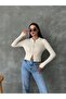 Women's Ecru Two-Way Zippered Knitwear Cardigan