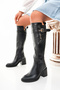 Milano Model Genuine Leather Black Leather Elastic Round Toe Buckle Side Zipper Thick Heel Long Boots - 4